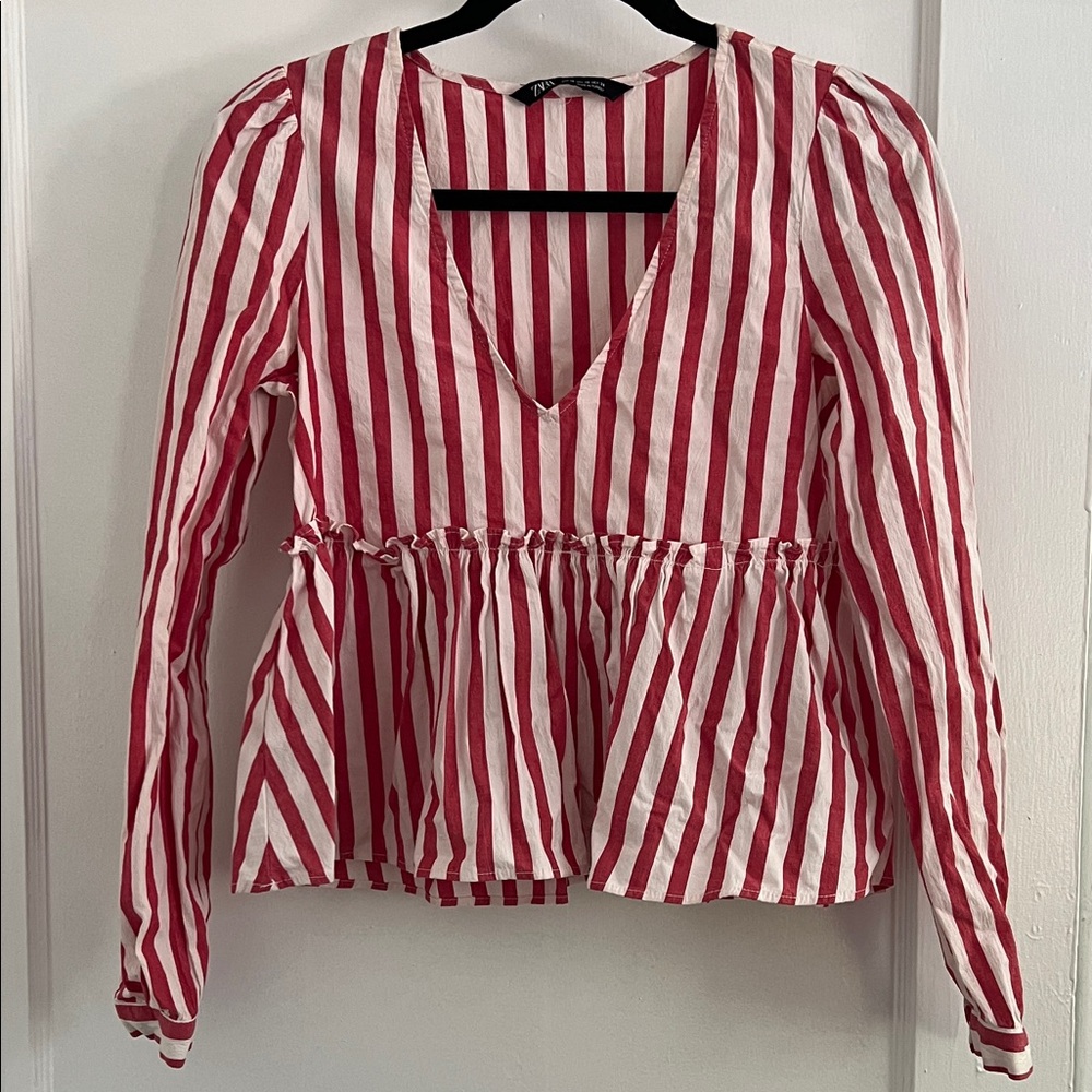 Zara Red and White Striped V-Neck Blouse